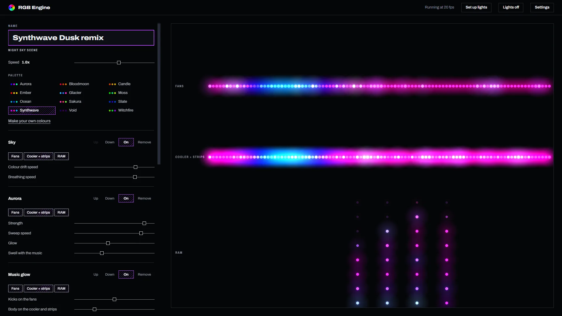 The RGB Engine scene editor: layers like Sky and Aurora on the left, each aimed at fans, cooler and strips or RAM, with a live view of the case on the right.